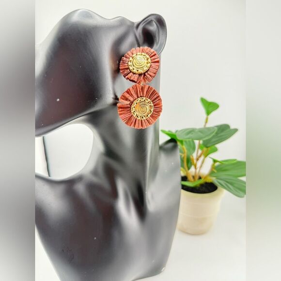 Boho Double Disc Statement Earrings — Warm Terracotta & Gold - Picture 1 of 6